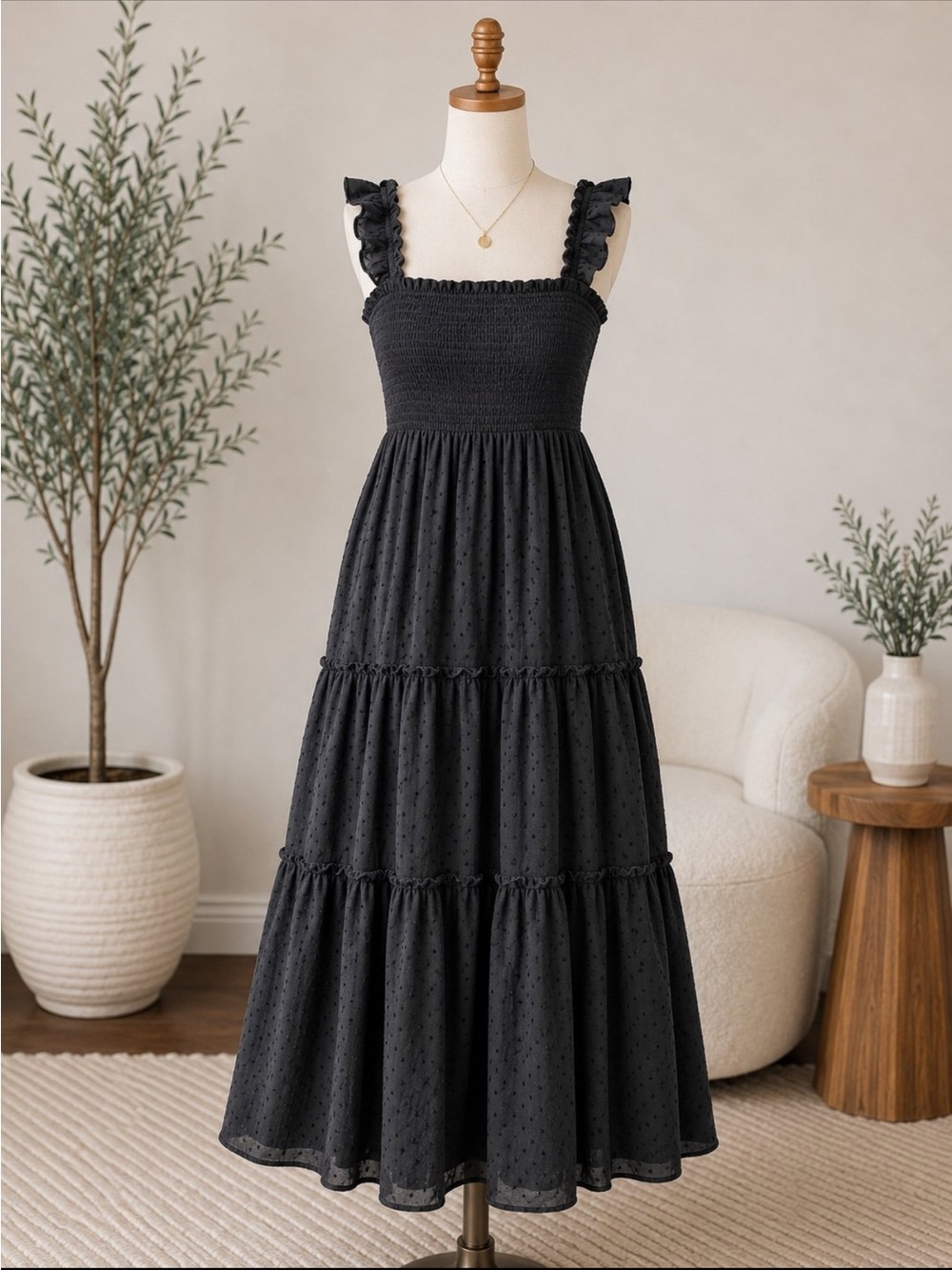 Kourt Black Swiss Dot Tiered Maxi Dress Size Large